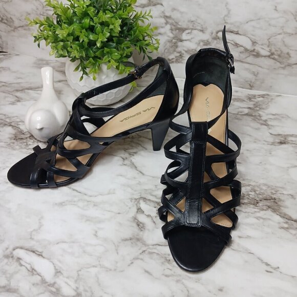 VIA SPIGA Strappy Heels Shoes Buckle Women's Black Leather Size 10 Italy - Picture 9 of 9